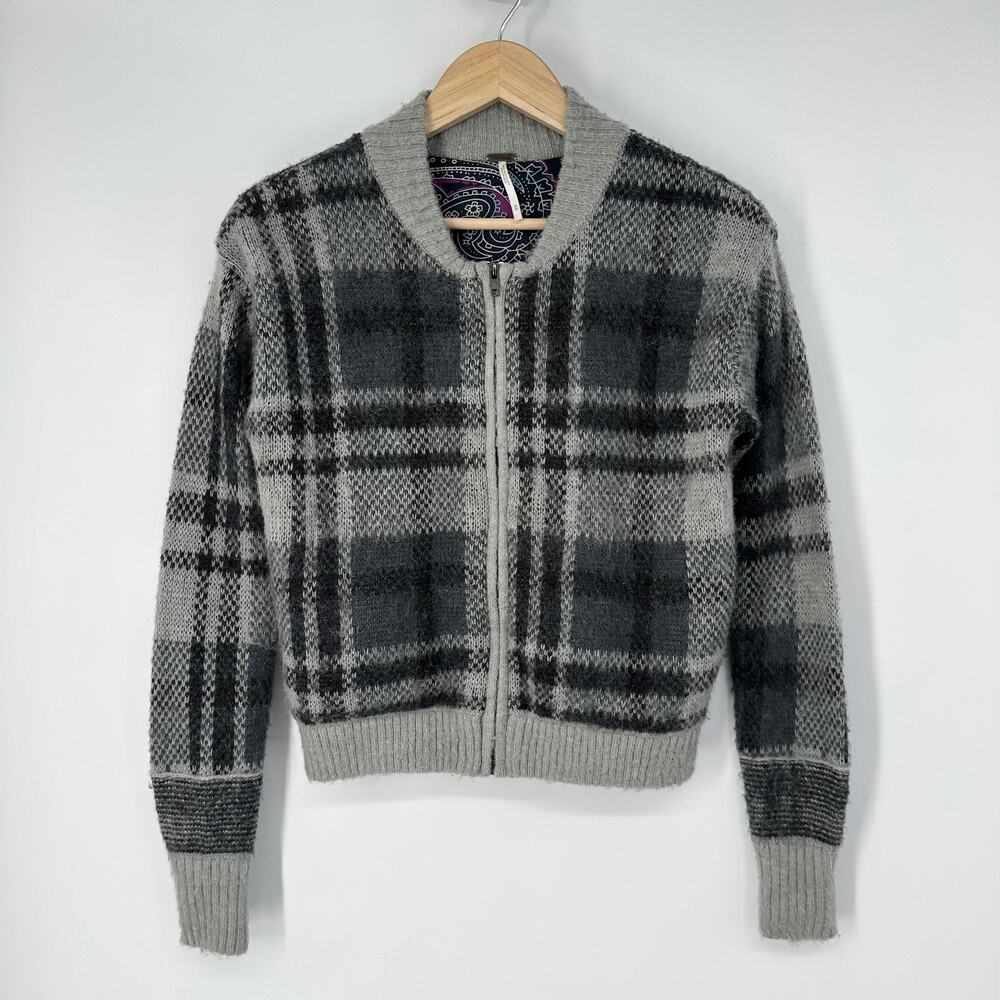 Free People Oh My Plaid Zip Cardigan Wool Alpaca Chunky Knit Cottagecore Sweater
